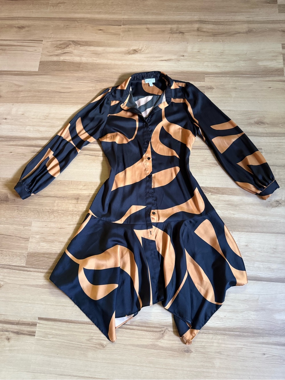 SCAPA Lauren Perre black and copper abstract shirt dress Sz M - Picture 2 of 6